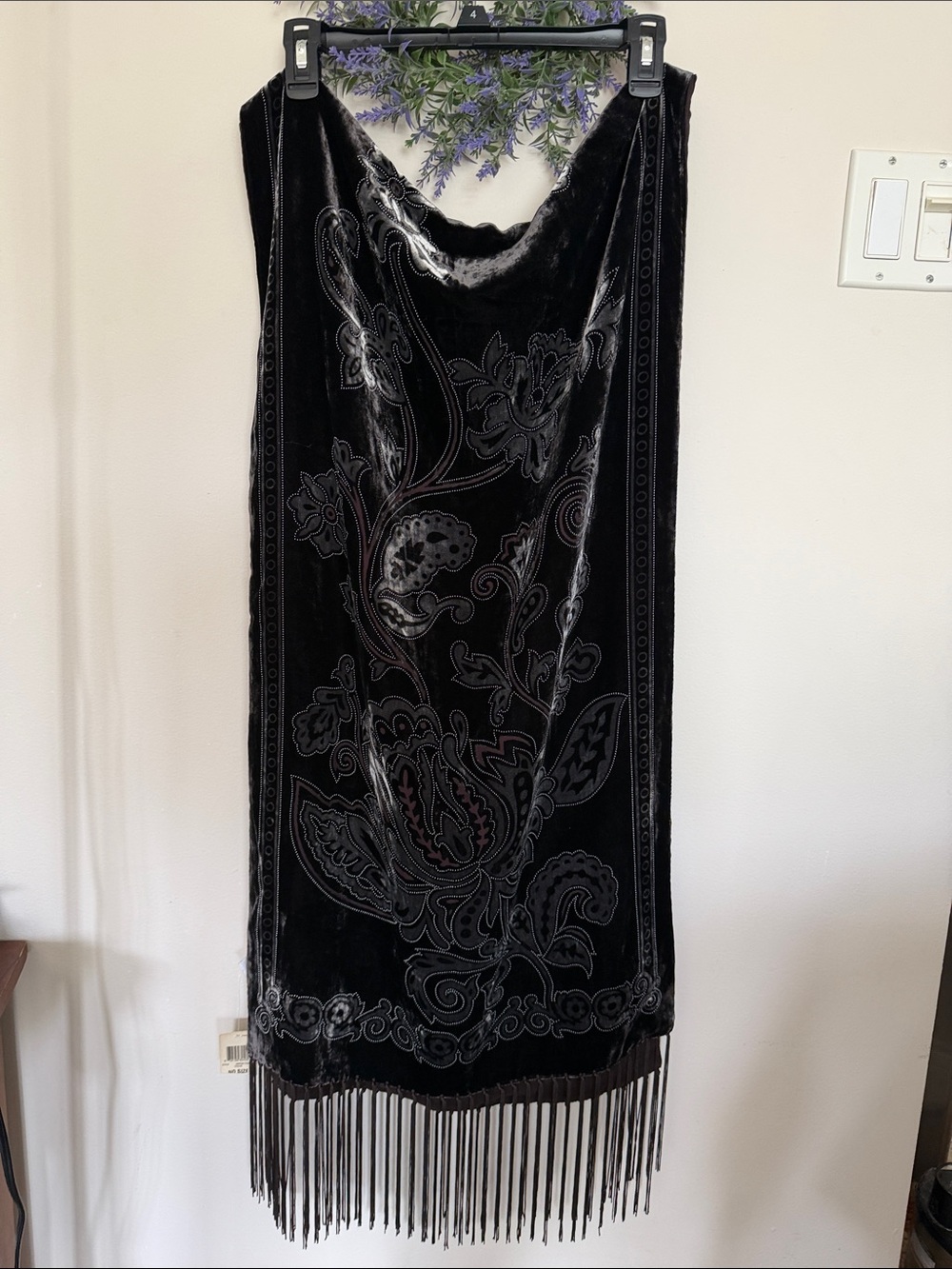 Charter Club Black Velvet Floral Fringe Wrap